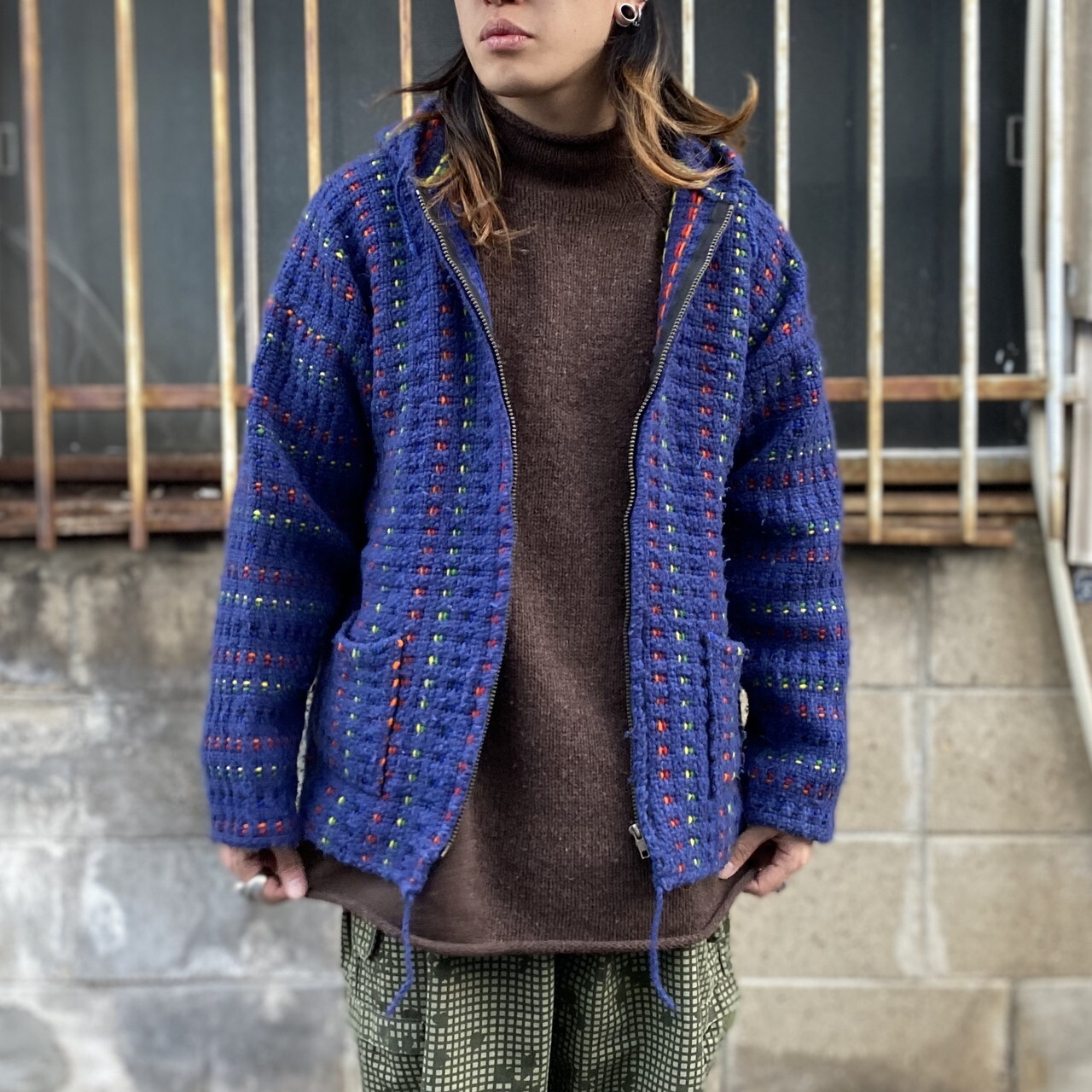 エクアドル製 ウールニットセーター フルジップニットパーカー フード付き メンズxl相当 古着 ブルー 青色 マルチカラー ニットセーター Cave 古着屋 公式 古着通販サイト 夏物最大50 Off開催中