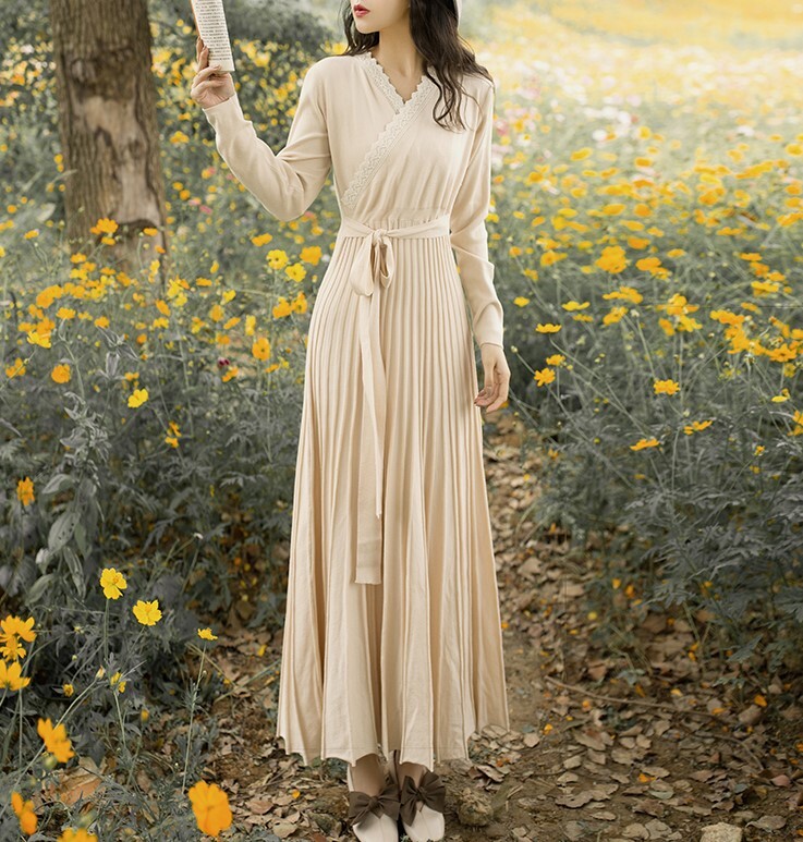 レースカシュクールのプリーツニットワンピース 424 Lurila