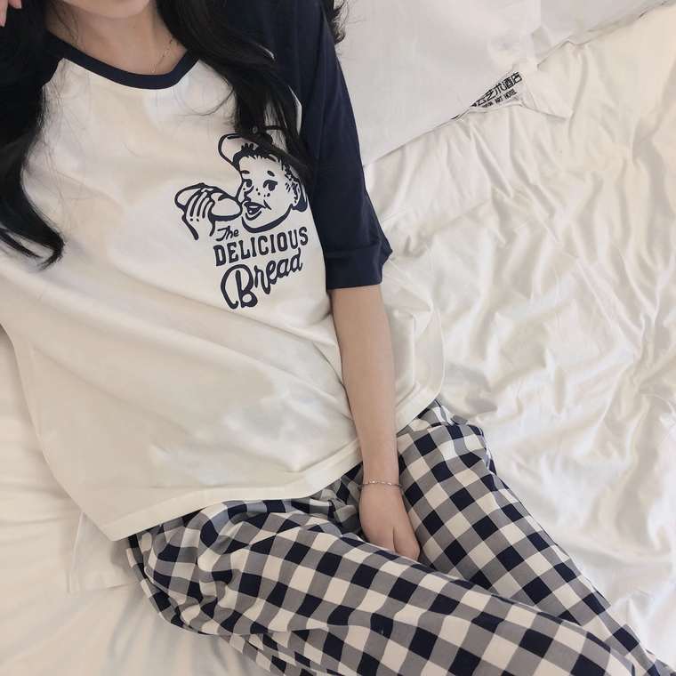 送料無料 リラックスタイムに 2点セット ラグラン プリント Tシャツ ギンガムチェック パンツ ルームウェア パジャマ Lamitte Deco トレンド 韓国ファッション ショップ