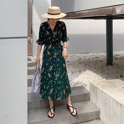 ワンピース ロングワンピース グリーン Vネック シフォン とろみ 五分袖 半袖 ゆったり フラワー 花柄 グリーン 緑 カーキ リボン プチプラレディースファッション通販 Yboueki