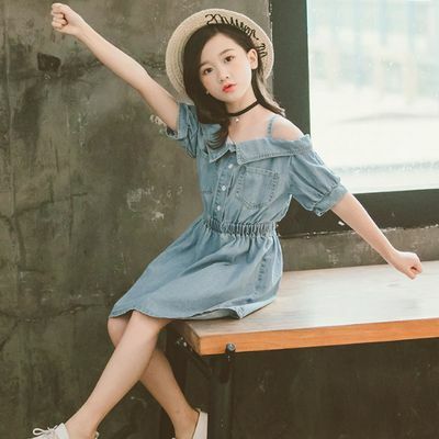 1 160cm オフショル 肩出し デニム ワンピース ガーリー 19s S 半袖 夏服 韓国 子供服 女の子 ガールズ キッズ P250 A Dear Child