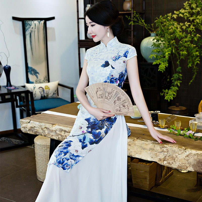 アオザイ ベトナム 民族風 ロングドレス サイドスリット 半袖 スタンドネック ワンピース 二次会 花嫁 謝恩会 デート お呼ばれ 大きいサイズ S M L Ll 3l 4l 5l 染付けシリーズ Elegant