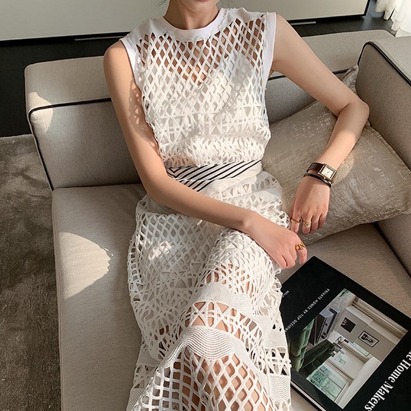 ノースリーブ クロシェワンピース インナー付 Meravioggi