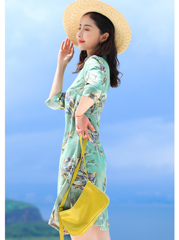 ロング丈チャイナドレス 改良型チャイナドレス チャイナ風ワンピース チャイナ風服 中華服 二次会 女子会 同窓会 スタンドネック 七分袖 大きいサイズ S M L Ll 3l 4l 緑 グリーン Elegant