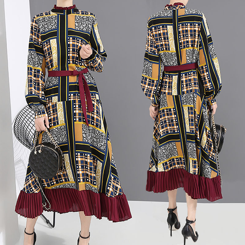 ワンピース レディース チェック柄ワンピース 長袖ワンピース 花柄 プリーツ ロング Aライン ローウエスト スタンドカラー 赤 Happy Toon