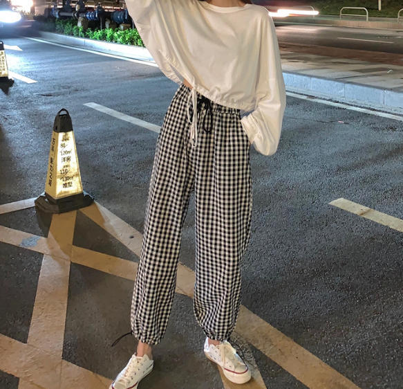 ギンガムチェック ジョガーパンツ ハイウエスト カジュアル 大人可愛い おしゃれ Luluca