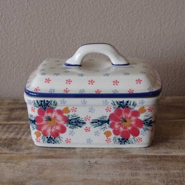 新品 ポーリッシュポタリー ポーランド食器 バターケース キャニスター 赤 花柄 コスモス アネモネ M78 Is01 Boleslawiec ボレスワヴィエツ陶器 蓋付きボックス 大輪 Flohmarkt フローマルクト