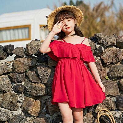 肩紐 オフショル フレア ワンピース 110 150cm 肌見せ 細プリーツ ウエスト切り替え 夏服 可愛い ガーリー 19s S 韓国 子供服 女の子 ガールズ キッズ P156 A Dear Child