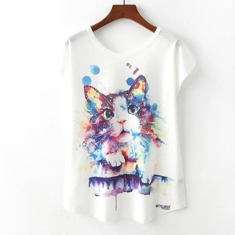 カラフルな水彩タッチの猫tシャツ M L Xlサイズ 即納 百猫堂 Momonekodo