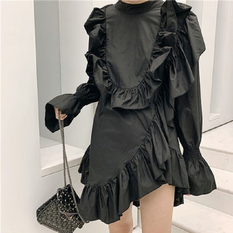 ワンピース 黒ワンピース ワンピ フリルワンピース フリルワンピ ミニ丈ワンピース ミニ丈ワンピ 秋ワンピース レディース 女性用 ミニ丈 ショート 無地 アシンメトリー ベルスリーブ ラップドレス コットン デート カジュアル 10代 代 大人かわいい Op02