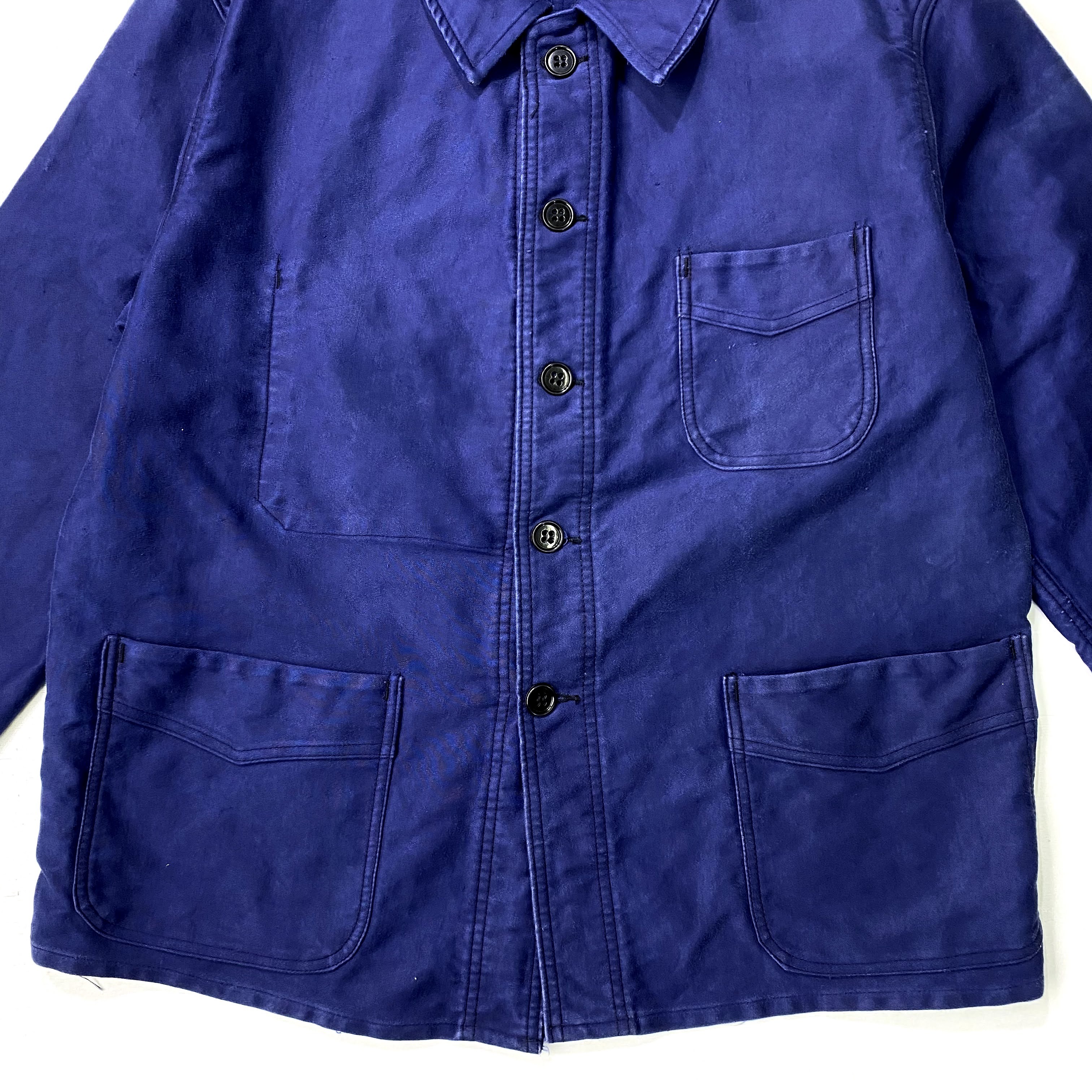 40年代 Adolphe Lafont Vポケ ブルーモールスキン ユーロワークジャケット メンズxl相当 古着 40s ヴィンテージ ビンテージ フレンチワークジャケット カバーオール アドルフ ラフォント インクブルー 紺色 ネイビー ワークジャケット Vtg Cave 古着屋 公式