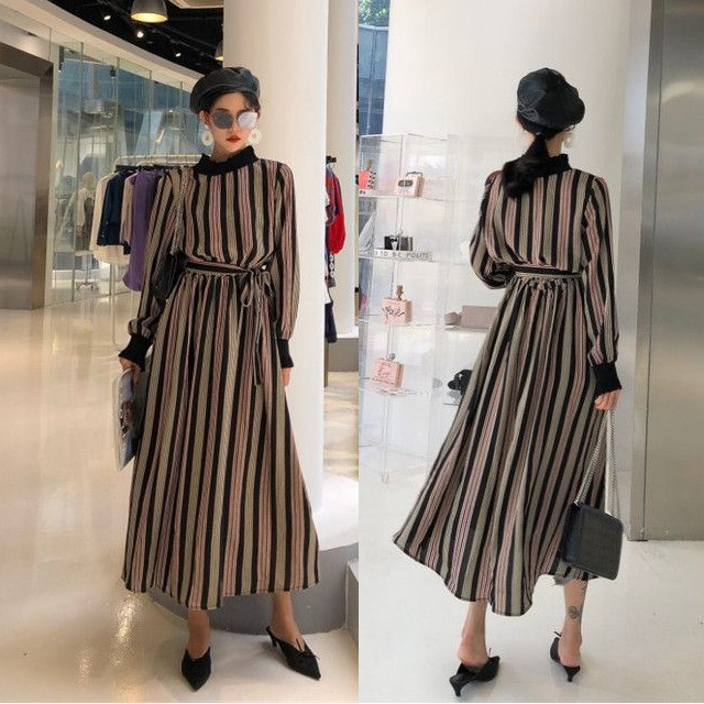 ストライプ レトロ ミモレ丈 ワンピース 秋冬 パフスリーブ ハイネック 長袖 フレア ハイウエスト Happy Toon