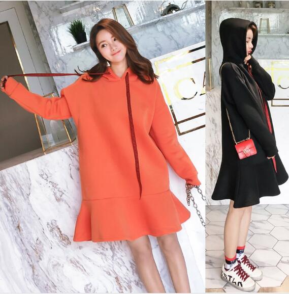 秋新作レディースワンピース 2色 パーカーワンピース 長袖ワンピース フード付き 裾フリル 韓国スタイル Cn0112 ワンピの里