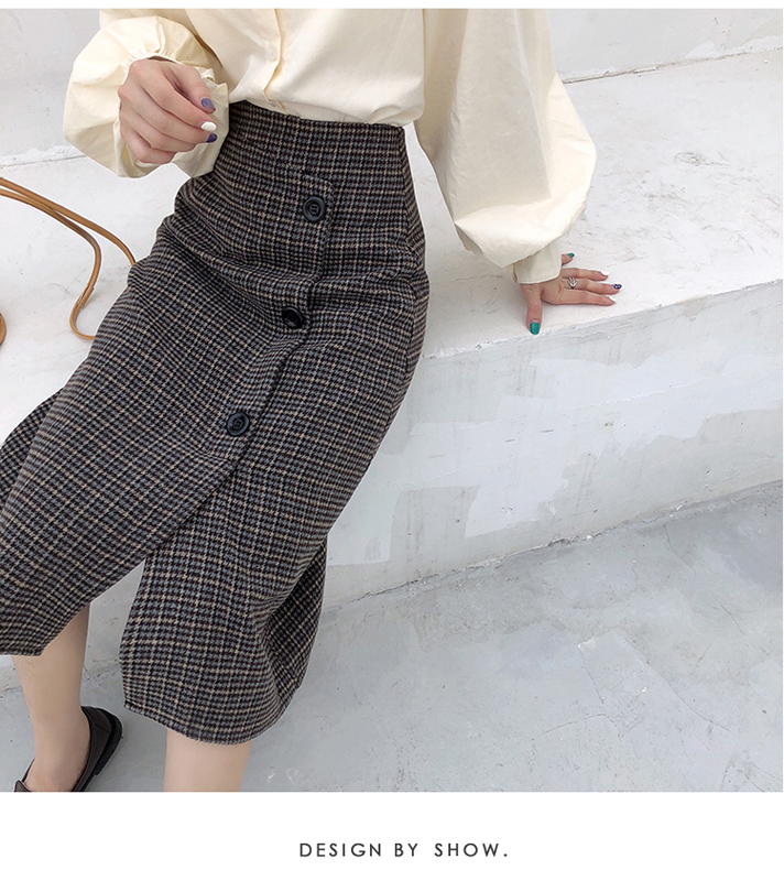 スカート レトロ グレー チェック柄 秋服 冬服 カジュアル ロング丈 ハイウエスト Aライン Ol 通勤 オフィス ファッション S M L Elegant