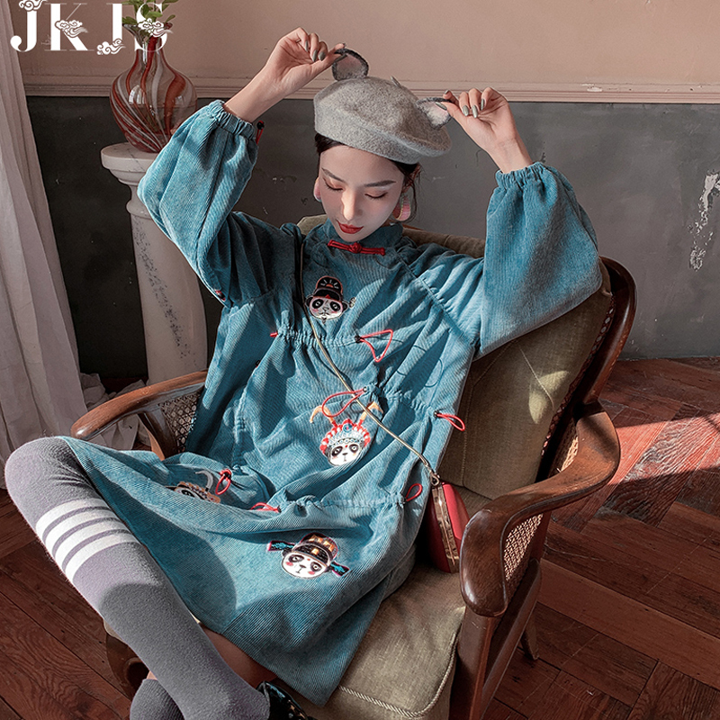 Jkjsシリーズ チャイナ風ワンピース 秋冬服 チャイナ服 中華服 S M L Ll 着痩せ 刺繍 青 コーデュロイ生地 Elegant