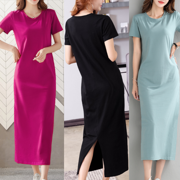 One Piece Slit 5color ワンピース ロング ひざ下スカート タイトスカート Tシャツワンピ スリット 半袖 無地デザイン 丸首 ゆったり 楽ちん リラックス 5色展開 ローズレッド ブルー ブラック スカイブルー グレー春 夏 おでかけ デート リゾート ナチュラル タイト