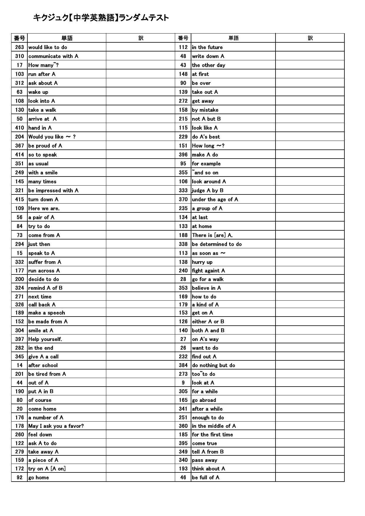 キクジュク中学英熟語 オリジナル確認テスト 独学応援 参考書確認テスト