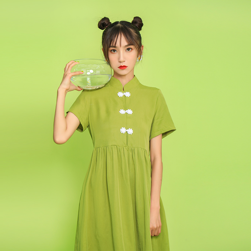 チャイナ風ワンピース 唐装 漢服 チャイナ風服 チャイナボタン チャイナドレス 半袖 スタンドネック 女子会 合わせやすい 可愛い S M L Ll グリーン 緑 Dresszone