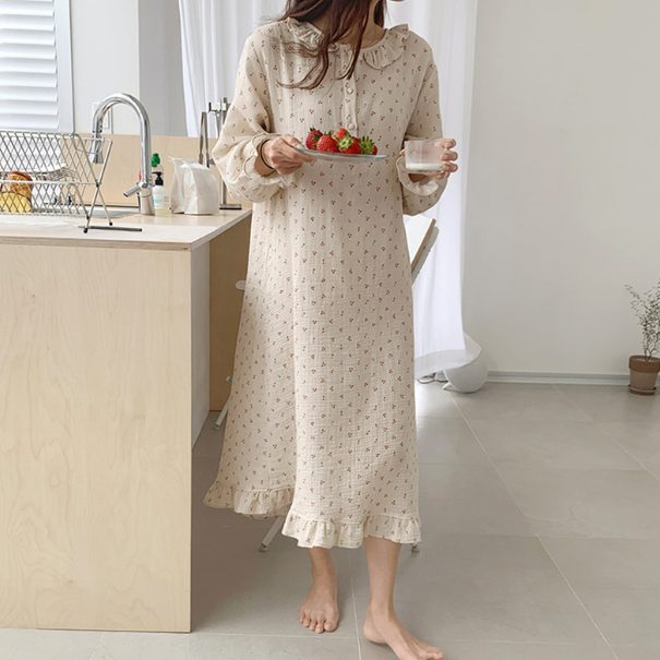 Room Wear One Piece Cherry ルームウェア パジャマ ナイトウェア ワンピース さくらんぼ チェリー柄 プリント フリル襟 長袖 大人 おしゃれ ガーリー 可愛い キュート アプリコット ゆったり 楽ちん リラックス 部屋着 春 秋 レディース Sea Sign Post