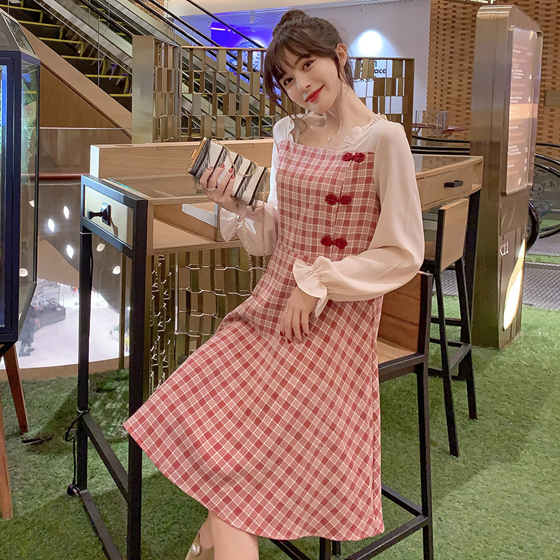 チャイナ風ワンピース 改良唐装 改良漢服 チャイナ風服 中華服 改良型チャイナドレス 切り替え 膝丈 着痩せ 可愛い 普段着 女子会 同窓会 チェック柄 大きいサイズ M L Ll 3l Elegant