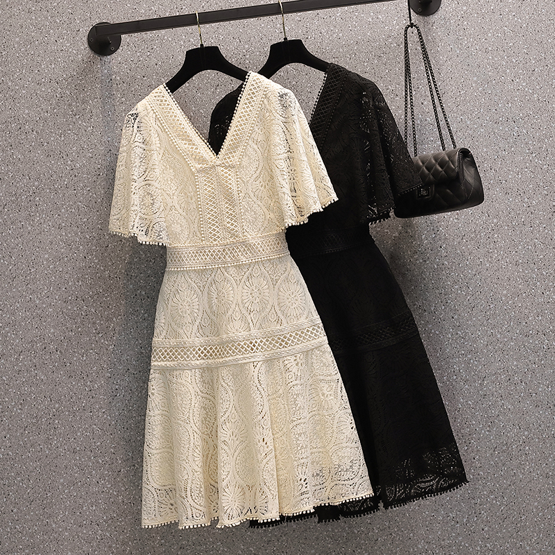 ワンピース 大きいサイズ Vネック レース Aライン 無地 黒 アプリコット ブラック L Xl 2xl 3xl Dresszone