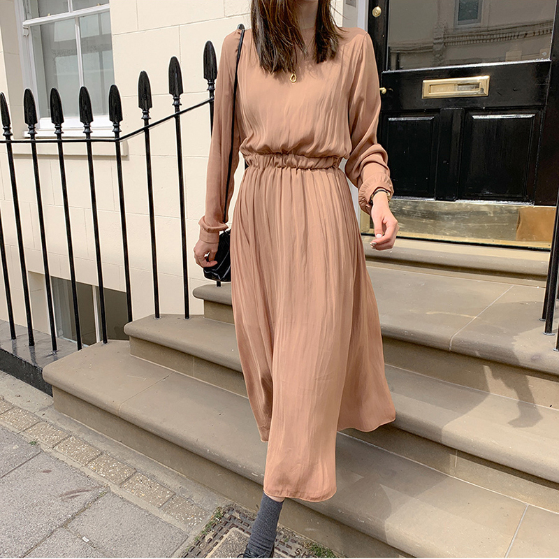 送料無料 ワンピース 長袖 ロング丈 マキシ丈 丸首 ラウンドネック シフォン ウエストマーク ロングワンピース きれいめ 上品 フェミニン 大人可愛い ガーリー 清楚 春 オフィスカジュアル Ol デート お呼ばれ お食事会 通勤 通学 ママコーデ Eine Katze
