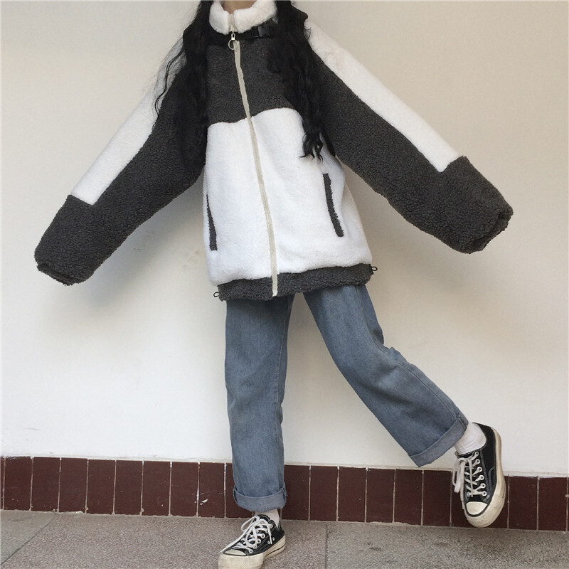 大きいサイズ韓国レディース 5900 メンズライク アウター 配色 モノトーン バイカラー ボア ブルゾン 人気プチプラレディース韓国ファッション 新作通販 Aliceholly アリスホーリー