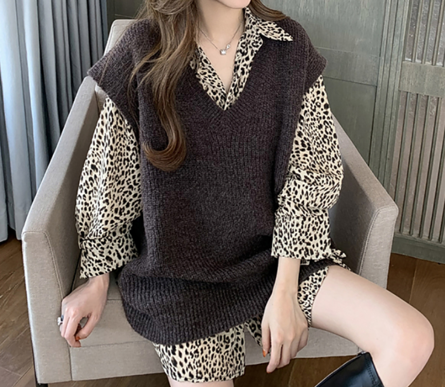 2点セット レオパード柄シャツ ニットベスト ヒョウ柄シャツ N099 Rumina Select Shop