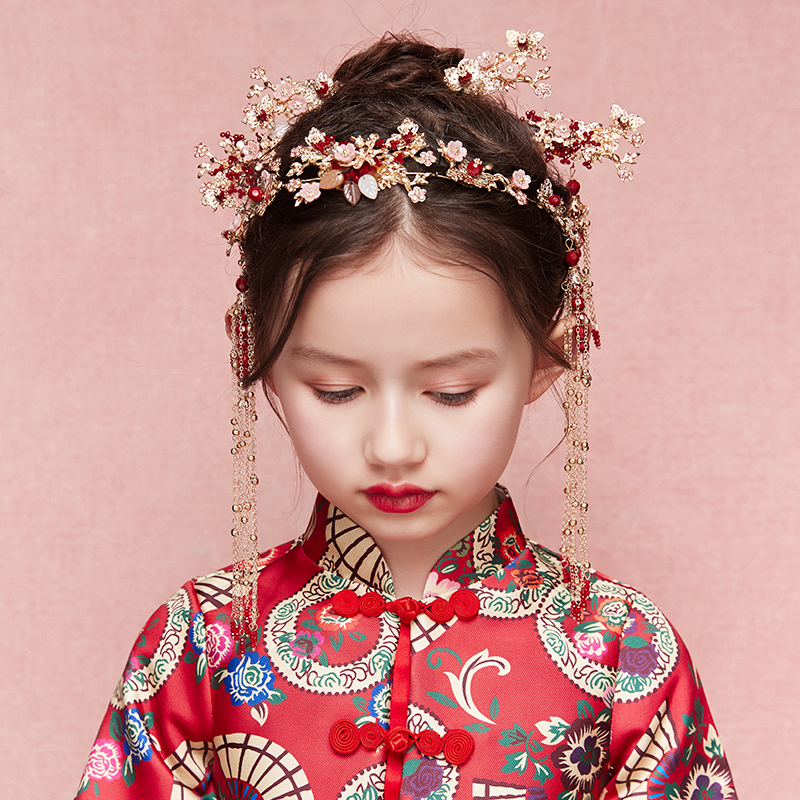 子ども用王冠 ヘッドアクセサリー女の子髪飾り ヘアアクセサリー キッズ 結婚式 花童 ウェディング 演奏会 演出 誕生日 プレゼント ビーズ レッド 赤い フリンジ 花 Elegant