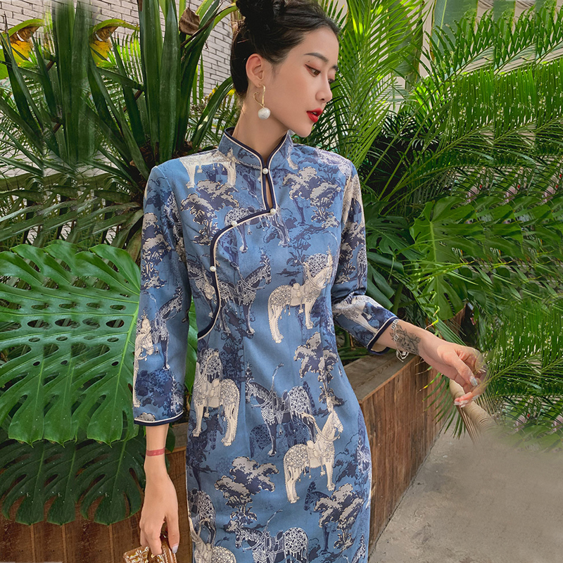 爱裳霓シリーズ ロング丈チャイナドレス S M L Ll 3l 4l 花柄ワンピース 可愛い ブルー 青い Elegant