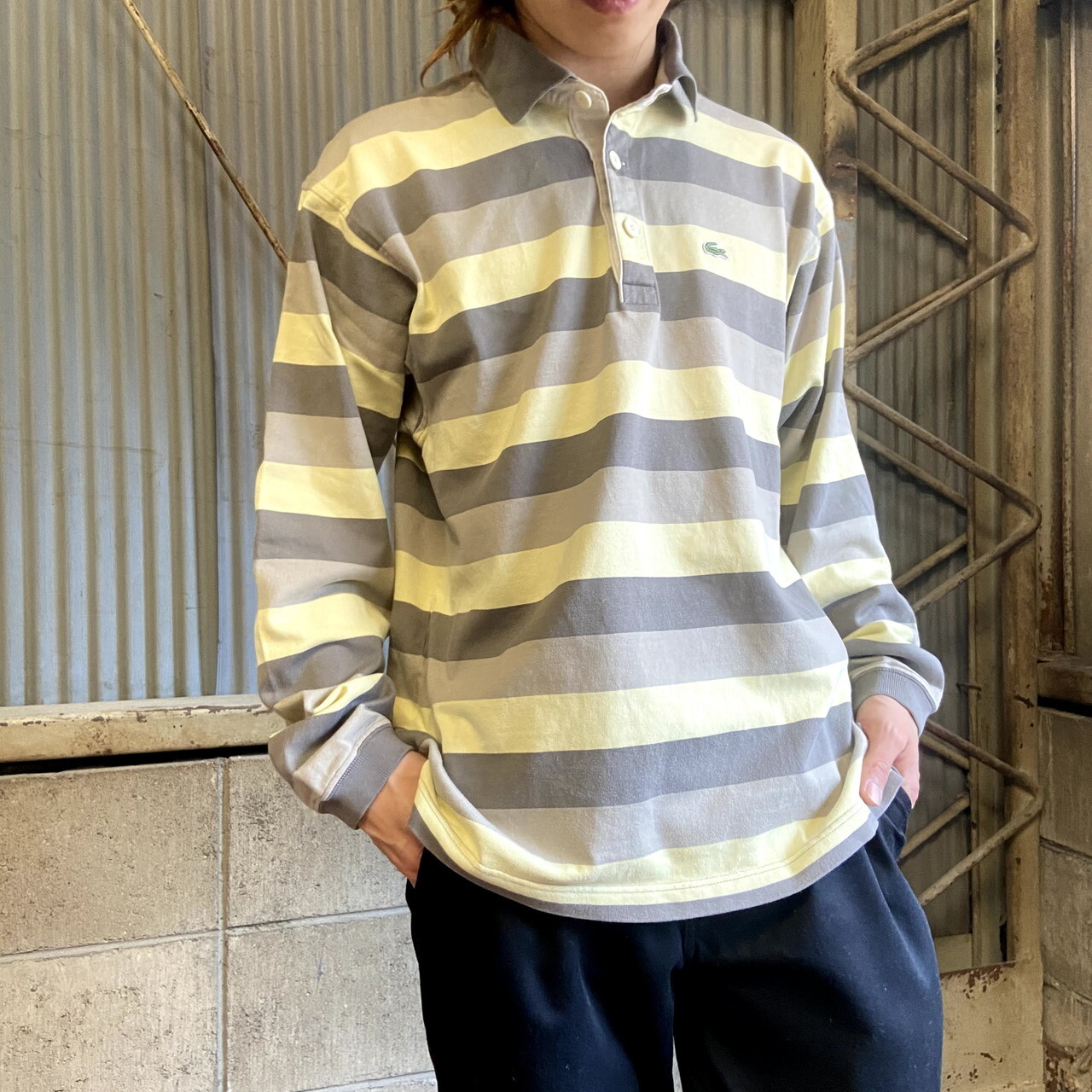 Lacoste ラコステ 長袖ボーダー柄 ラガーシャツ メンズm イエロー グレー 古着 ラガーシャツ Cave 古着屋 公式 古着通販サイト