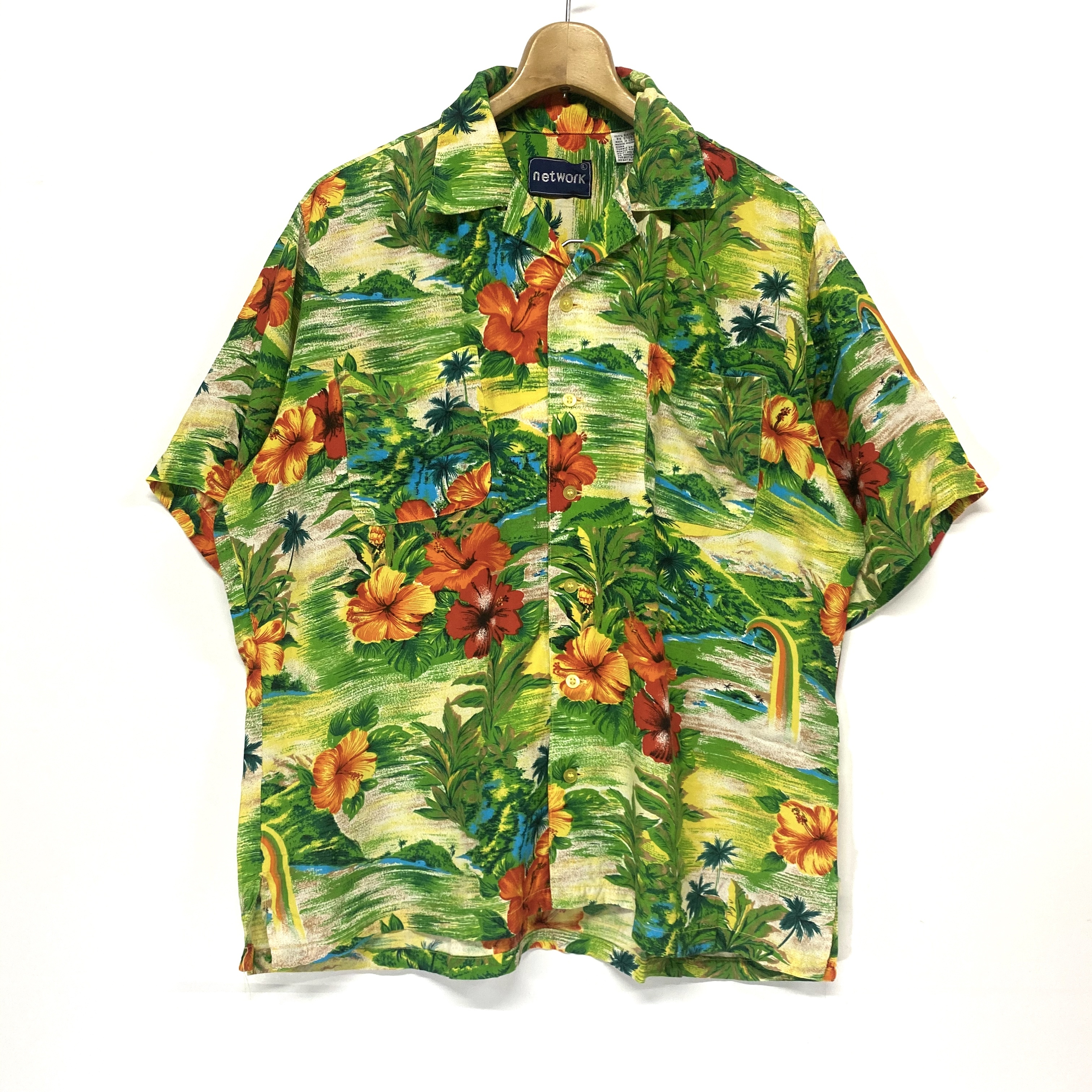 Network アロハシャツ ハワイアンシャツ 開襟 オープンカラー 総柄 レーヨン メンズl 古着 半袖シャツ Cave 古着屋 公式 古着通販サイト