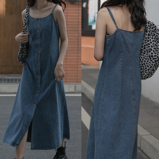 One Piece Denim Simple ワンピース キャミワンピ デニム ジーンズ ミモレ丈 ロング丈 ブルー 無地 ボタン 大人 カジュアル 可愛い シンプル きれいめ デイリー お出かけ デート レジャー 重ね着 春 夏 レディース Sea Sign Post