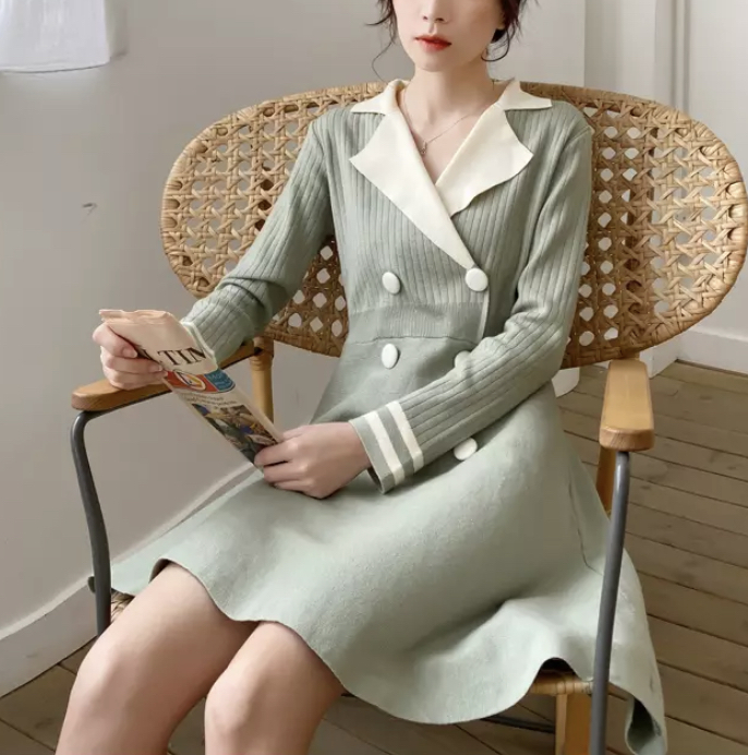 送料無料 襟付きレトロリブワンピース 3色 ブルーグリーン ライトコーヒー ブラック 襟付き レトロ リブ ワンピース ムービー Glavie