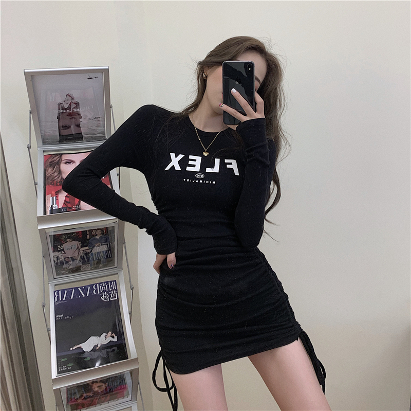 ワンピース 韓国系ラウンドネック膝上ボウタイアルファベットワンピース Ipopstore ド定番から最新のものまで網羅 ストリート系ファッション専門店