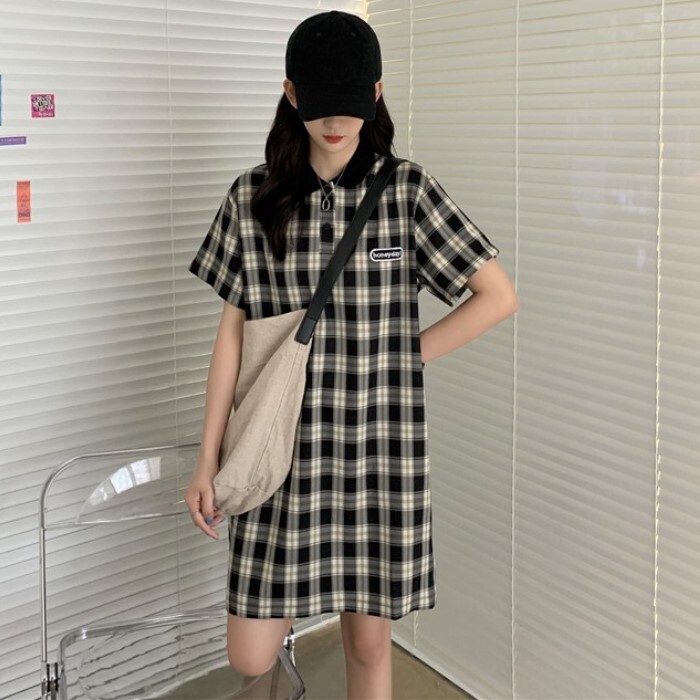 送料無料 楽ちん に 着映え 叶う ポロシャツ ワンピース 膝上丈 チェック柄 バイカラー 半袖 ラフ カジュアル スポーティー Lamitte Deco トレンド 韓国ファッション ショップ