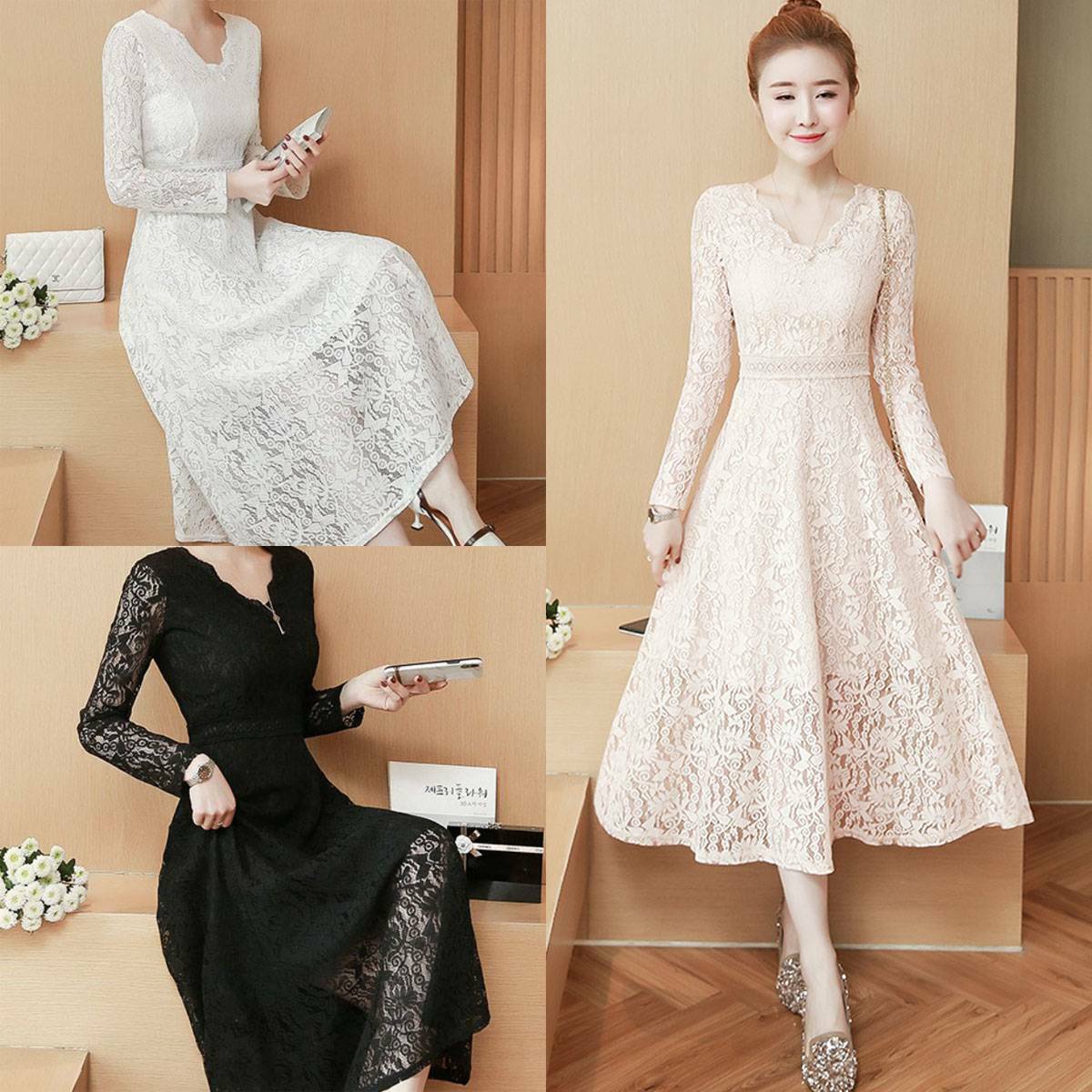 ワンピース レディース レースワンピース ミモレ丈ワンピース 膝下 ワンピ 色違い 透けレース 長袖 サイズ豊富 フェミニン Happy Toon