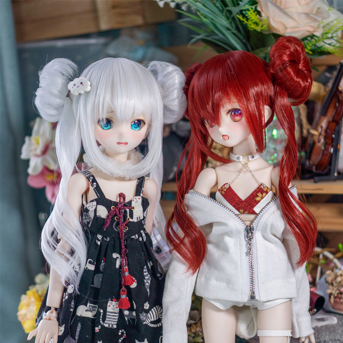 Bjdドール用ウイッグ Wig スーパーロング Super Long カール パーマ 双お団子ヘア 高温糸 ホワイト レッド White Red Mwss 小顔sdサイズ人形用 Btgarden