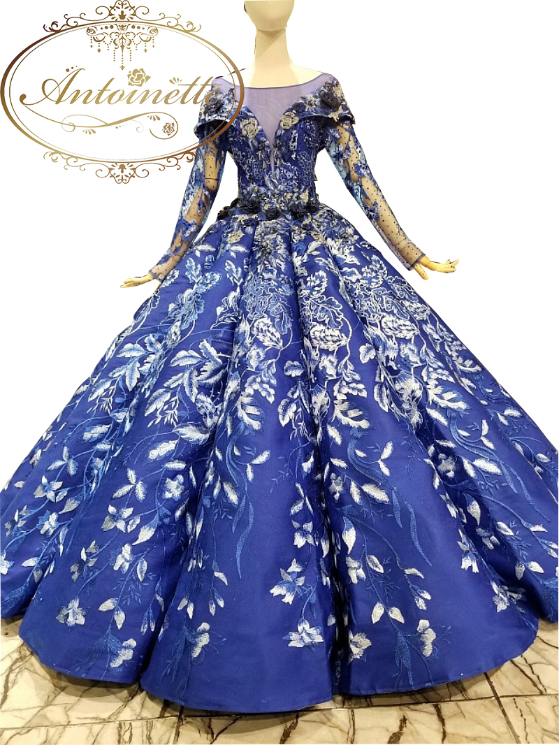 レディーズ ロング丈 レースアップ 演奏会ドレス ステージドレス フワフワチュール ウェディングドレス 花嫁ワンピース 結婚式ドレス フォーマルドレス 華麗 ドレス 青 オートクチュール 結婚式準備 花嫁 Antoinette