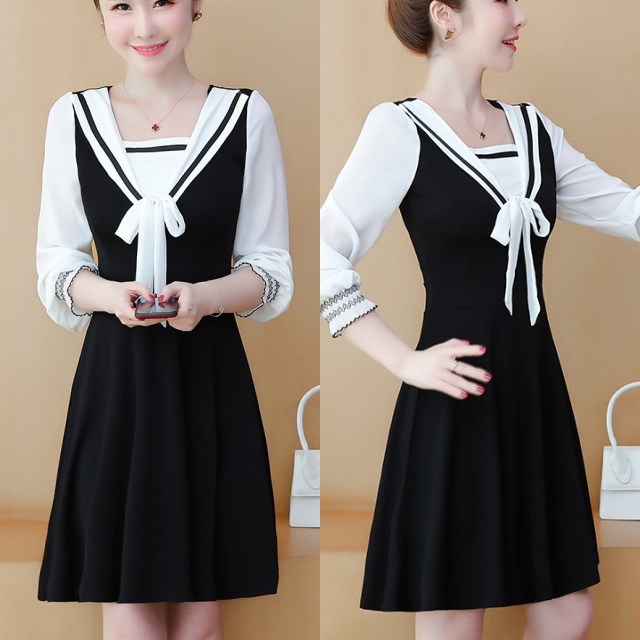 ワンピース レディース 長袖ワンピース セーラーワンピース セーラーカラー 胸リボン Aライン フレア 大人可愛い Happy Toon