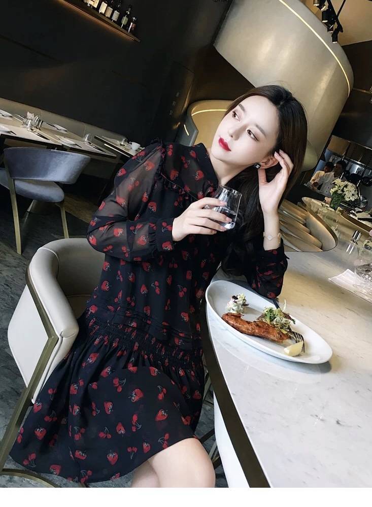 ワンピース レディース チェリー さくらんぼ ガーリー 半袖ワンピース キュート いちご フリル リボン シースルー プリーツ Happy Toon