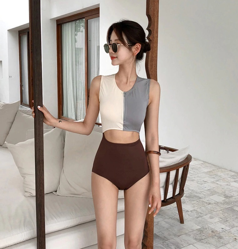 レトロバイカラー フロントジップ へそ出しビキニ ワンピース 水着 Romary