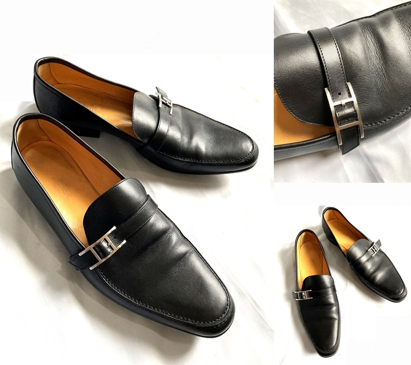 極美品 Hermes 定価14万 エルメス 名作 ｈ バックル アピ レザー シューズ ローファー モカシン ブラック 革靴 メンズ 28 Brand Cross Tokyo