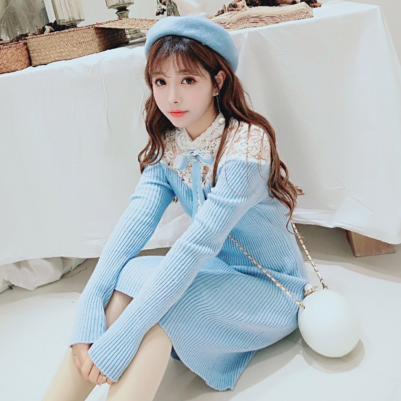 冬 プリンセス ニット ワンピース 透け感 レース 魅せ肌 ミニ丈 襟元リボン 大人フェミニン 清楚系 オルチャン レディース Manajily オルチャン 韓国 プチプラレディースファッション