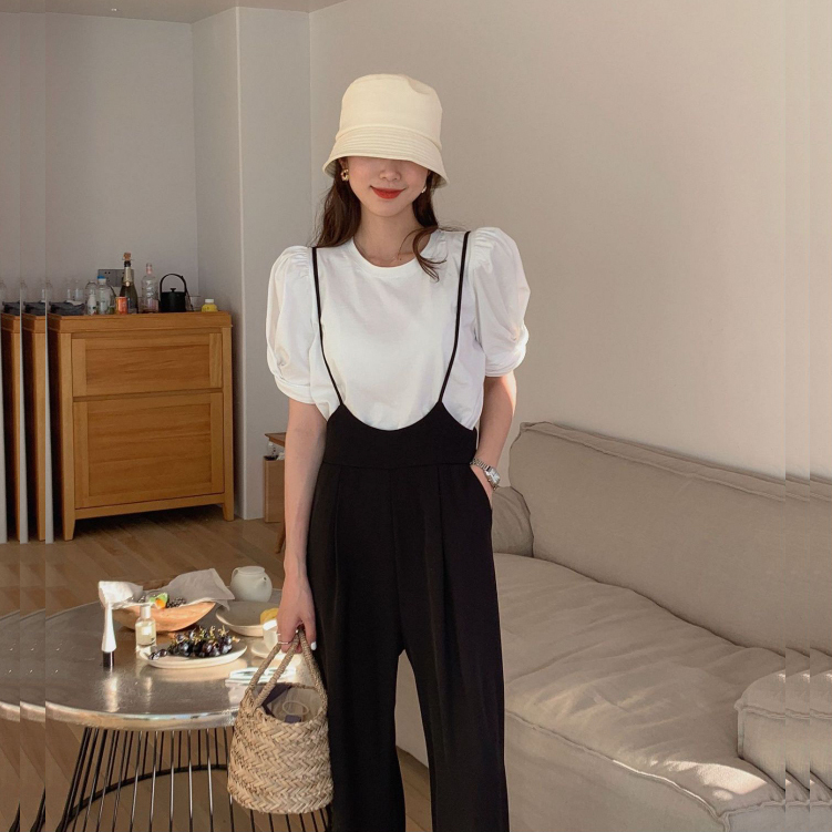 おしゃれセットアップ パフtシャツ サスペンダーワイトパンツ ２カラー ２サイズ Dressdoor
