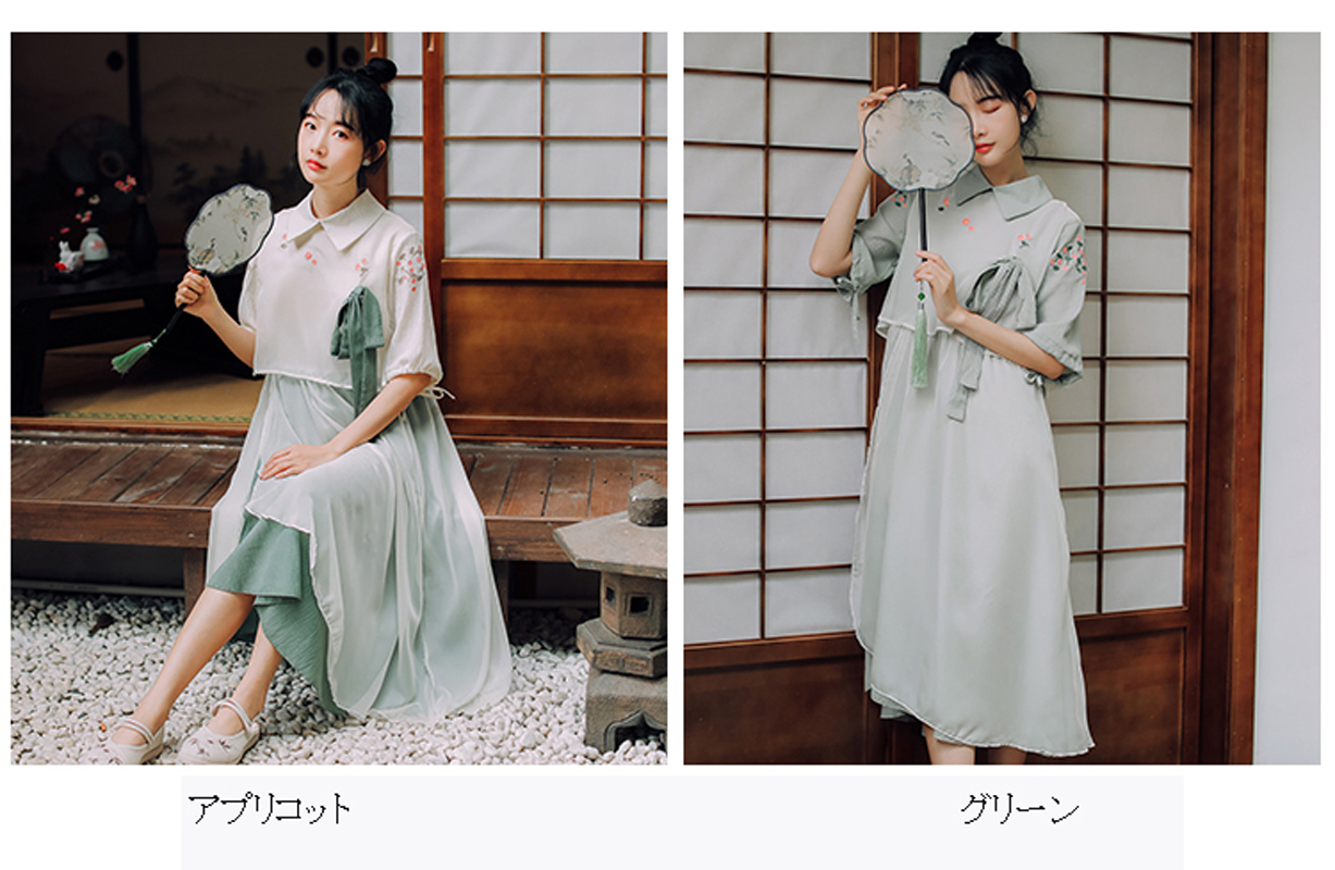 チャイナ風ワンピース チュニック チャイナドレス 唐装 漢服 民族風 女子会 普段着 可愛い レトロ 折り襟 五分袖 ロング丈 改良型チャイナドレス S M L 着痩せ グリーン Elegant