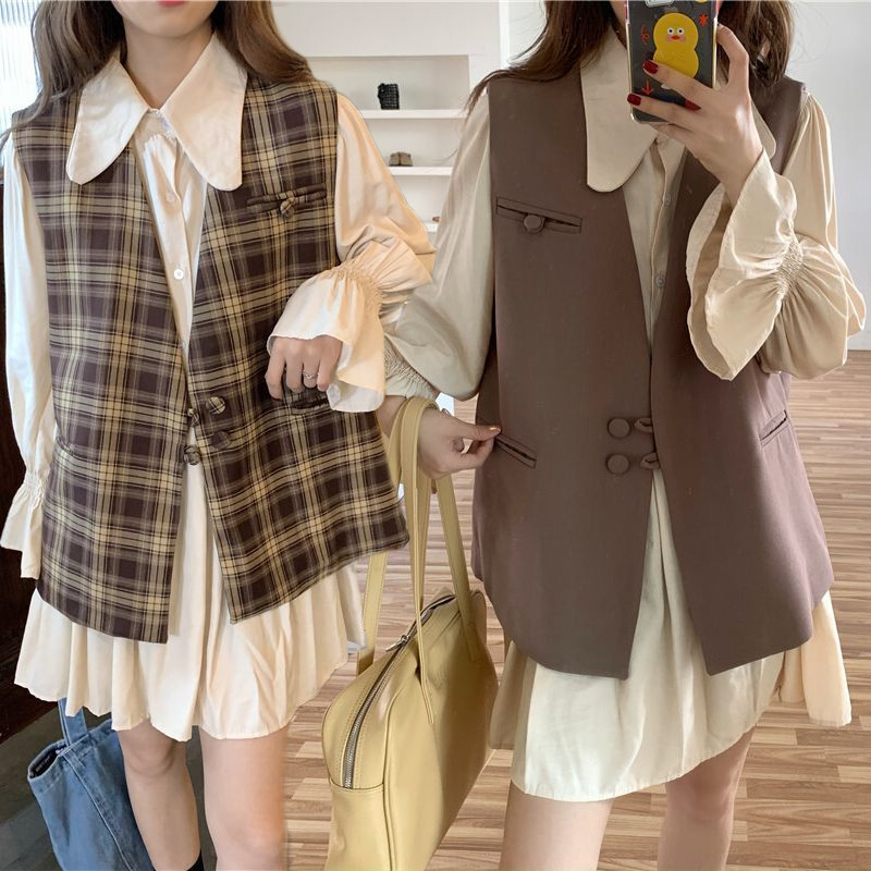 セットアップ チェック柄 無地 ベストジャケット ワンピース 韓国ファッション レディース 2点セット プリーツスカート ハイウエスト 大人可愛い ガーリー Loose Doll Collar Dress Western Style Waistcoat Vest Two Piece Dtc Value Rave Notice