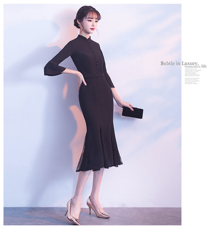 パーテイードレス イブニングドレス スタンドネック 七分袖 マーメイドライン ワンピース 大きいサイズ ブラック 二次会 お呼ばれ 演奏会 発表会 花嫁 S M L 2l 3l 4l Elegant