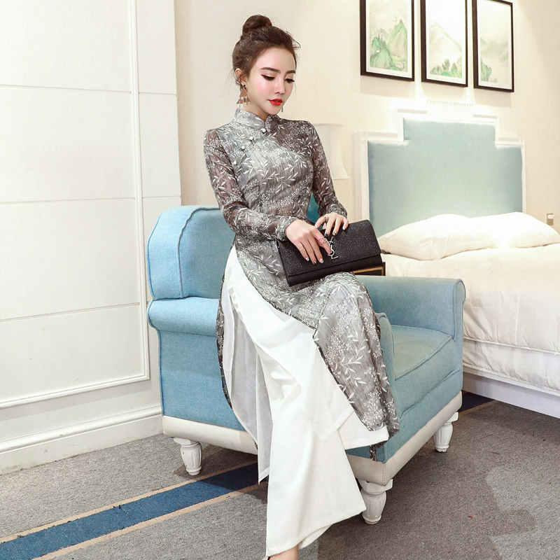 ベトナム ロングドレス 長袖 アオザイ エスニック風 ワンピース 二次会 パーティー お呼ばれドレス 入園式 婚活 顔合わせ ブルー ピンク グレー 大きいサイズ S M L Ll 3l 4l Elegant