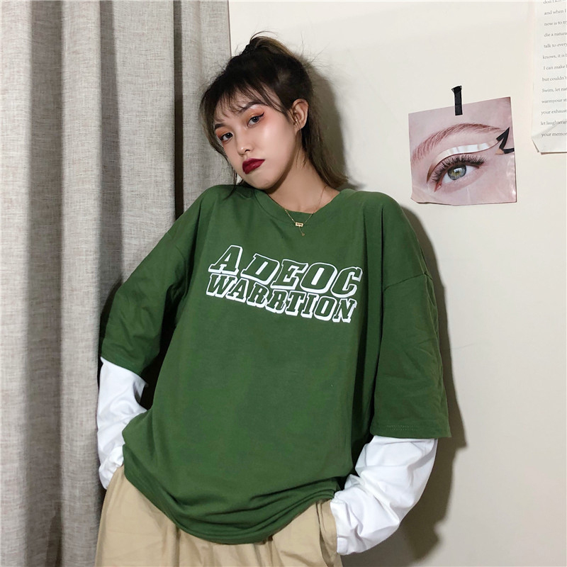 Tシャツ トップス Tシャツ レディースファション 新作 韓国風 シンプル デート ラウンドネック 長袖 ゆったり 大きいサイズ M L Ll 3l 可愛い 合わせやすい グリーン 緑 重ね着風 Elegant